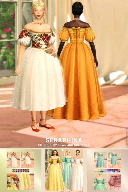 female Sim wearing voluminous , off-shoulder dresses and gowns