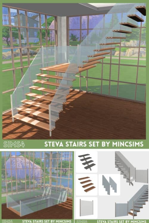 collage showing floating style stairs with glass fences with railings