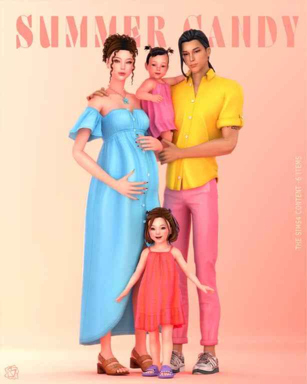 a Sims family dressed in colorful summer clothes