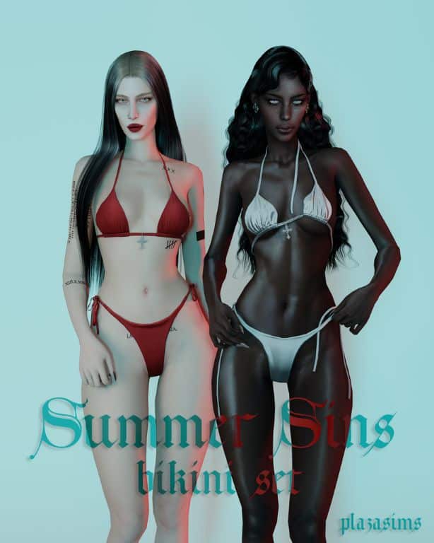 two female Sims wearing string bikinis