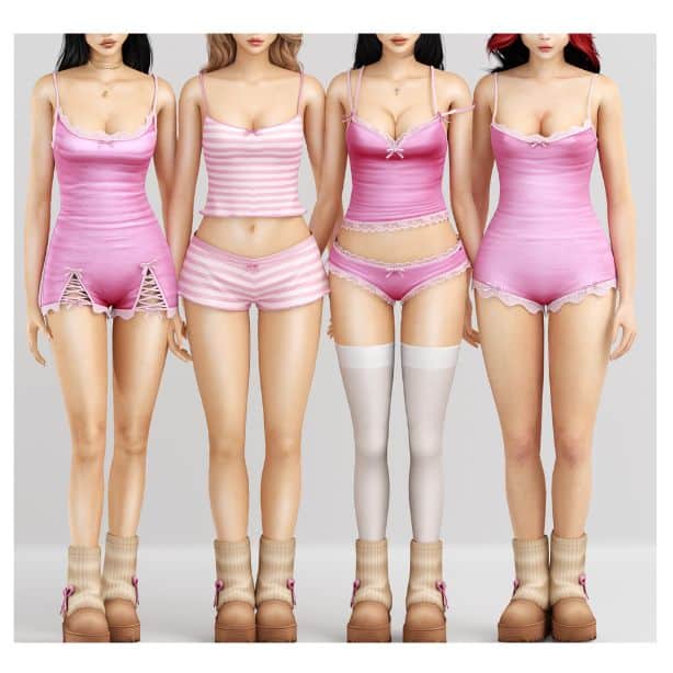 four female Sims wearing bodysuit, pajamas and two-piece loungewear