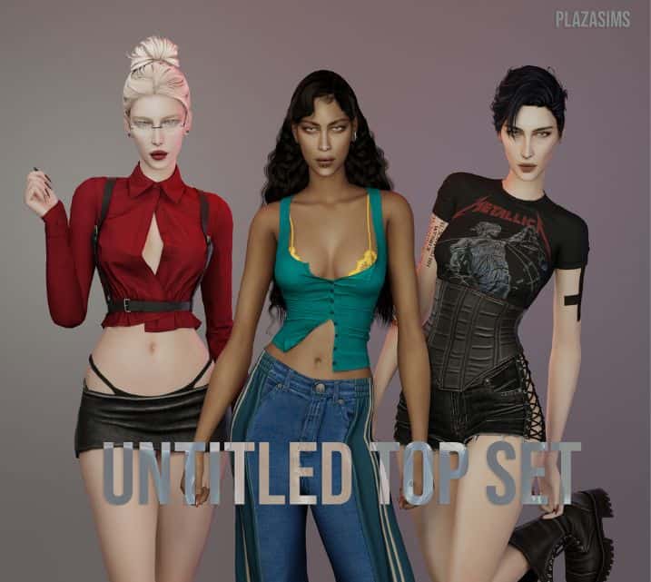 three female Sim wearing a mix of casual and edgy tops