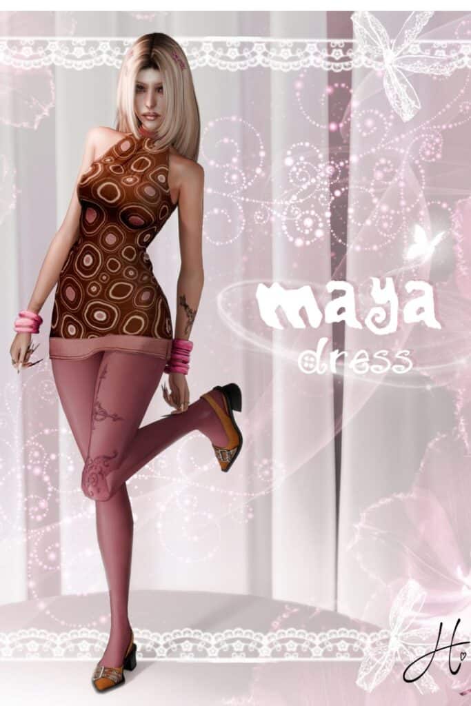 female Sim wearing a halter dress with a retro feel