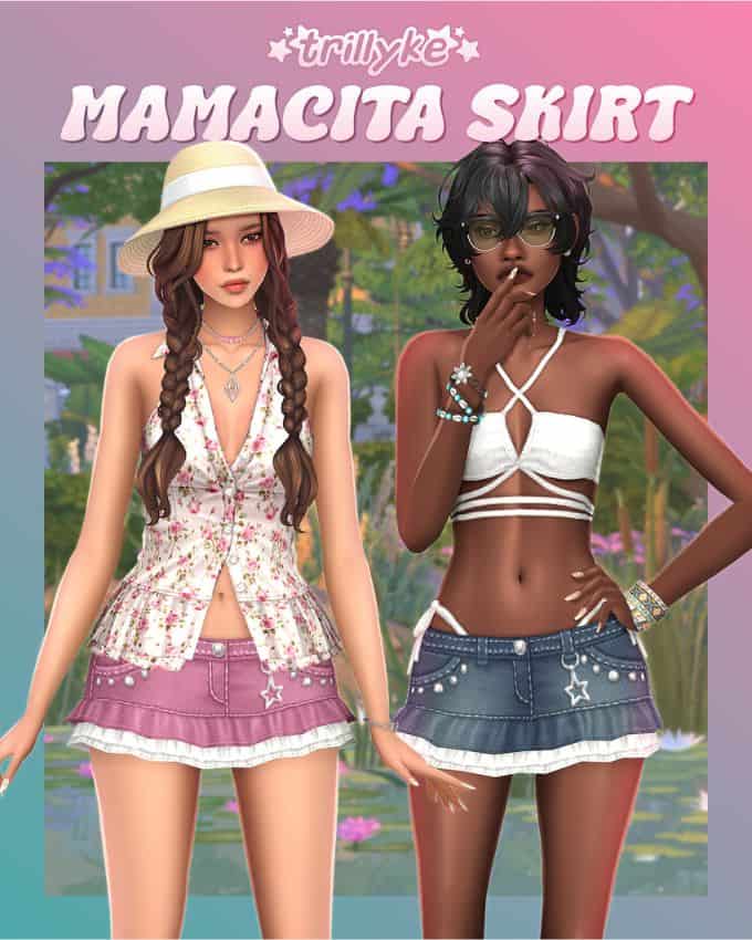 two female Sims wearing denim mini skirts with a ruffle edge