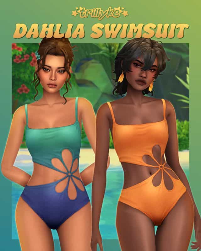two female Sims wearing swimsuits with cute flower cutouts