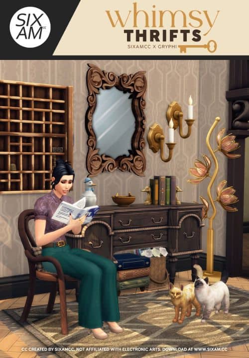 a Sim sitting in a room filled with thrifted items
