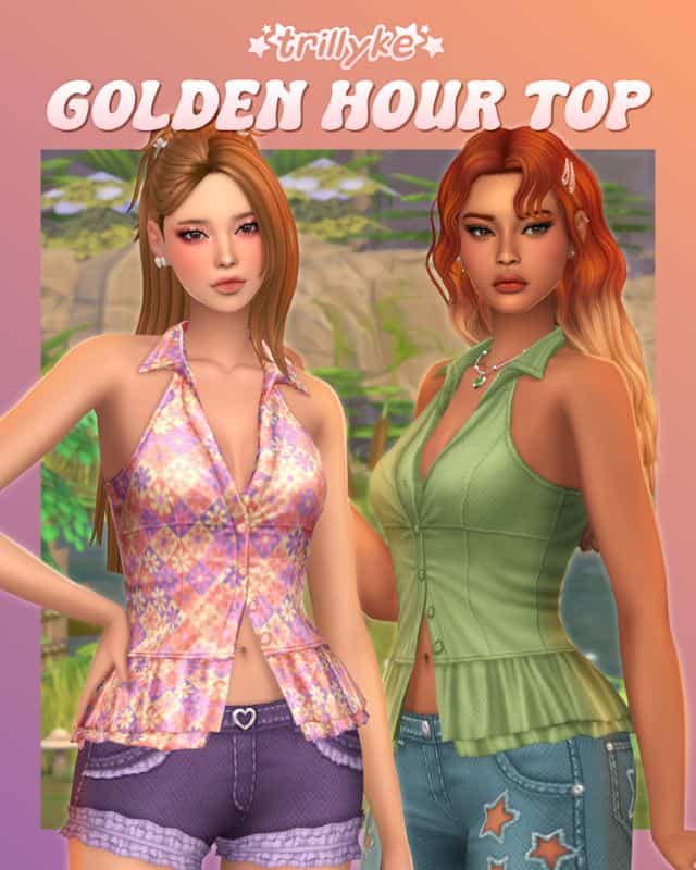 female Sims wearing sleeveless button up shirts with a ruffle edge