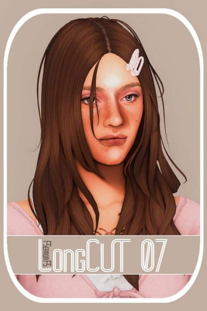 female Sim with a long layered hairstyle, and two barrettes