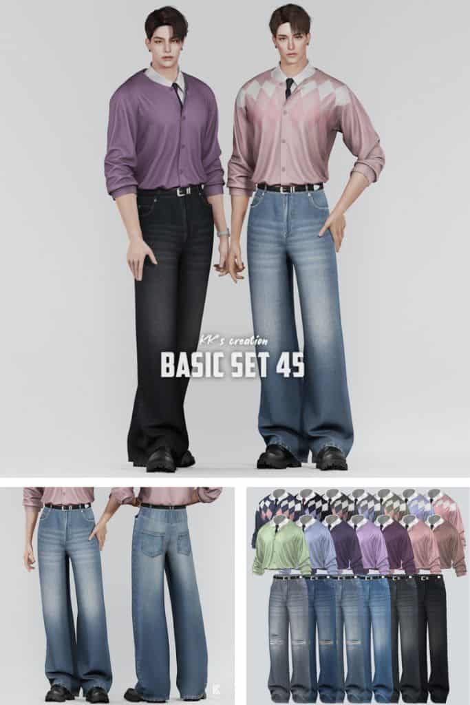 male Sim wearing buttoned layered tops and belted jeans