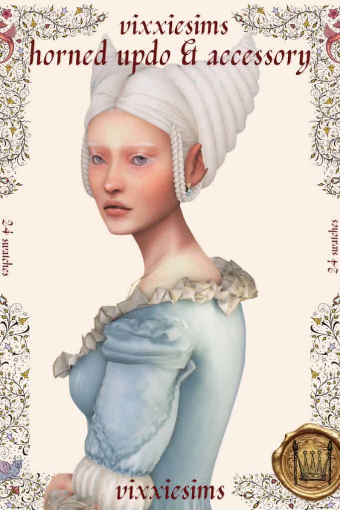 female Sim with a horned updo and small pearl accessories