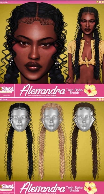 black female Sim with two long braids with curly tendrils