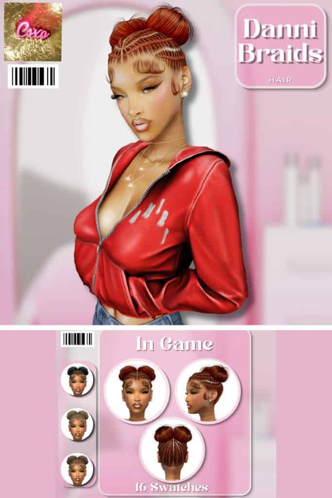 black female Sim with an updo double-bun look with braids at the crown