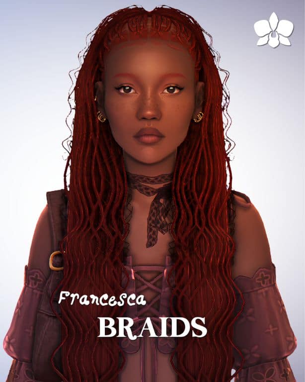 black female Sim with a long micro braided hairstyle