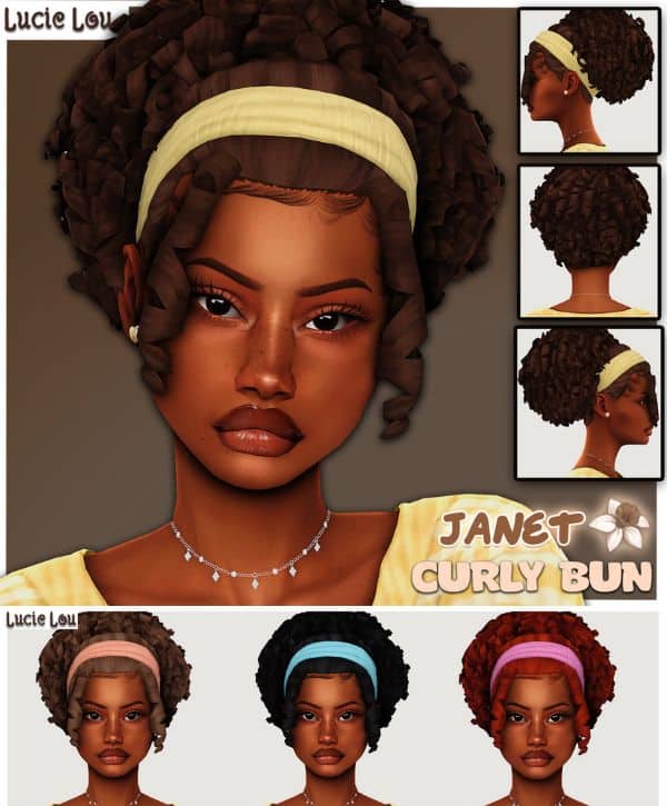 black female Sim with a voluminous curly bun hairstyle