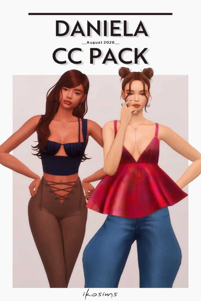 Two female Sims modeling tops and casual bottoms