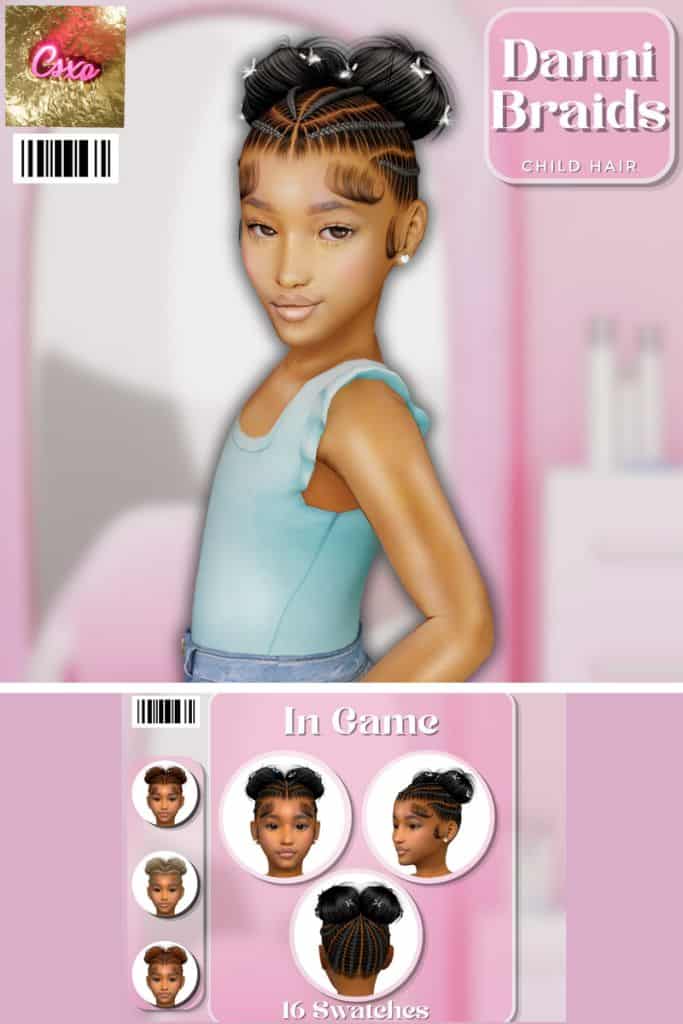 black female child Sim with an updo double-bun look with braids at the crown