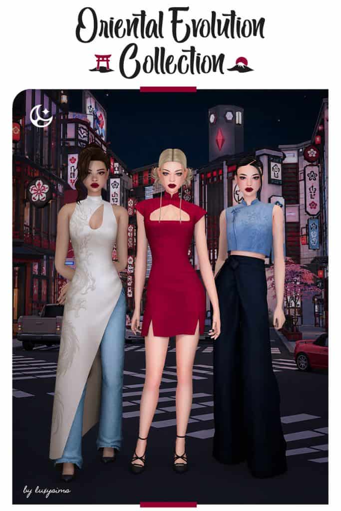 three female Sims wearing modern Asian-inspired clothing pieces