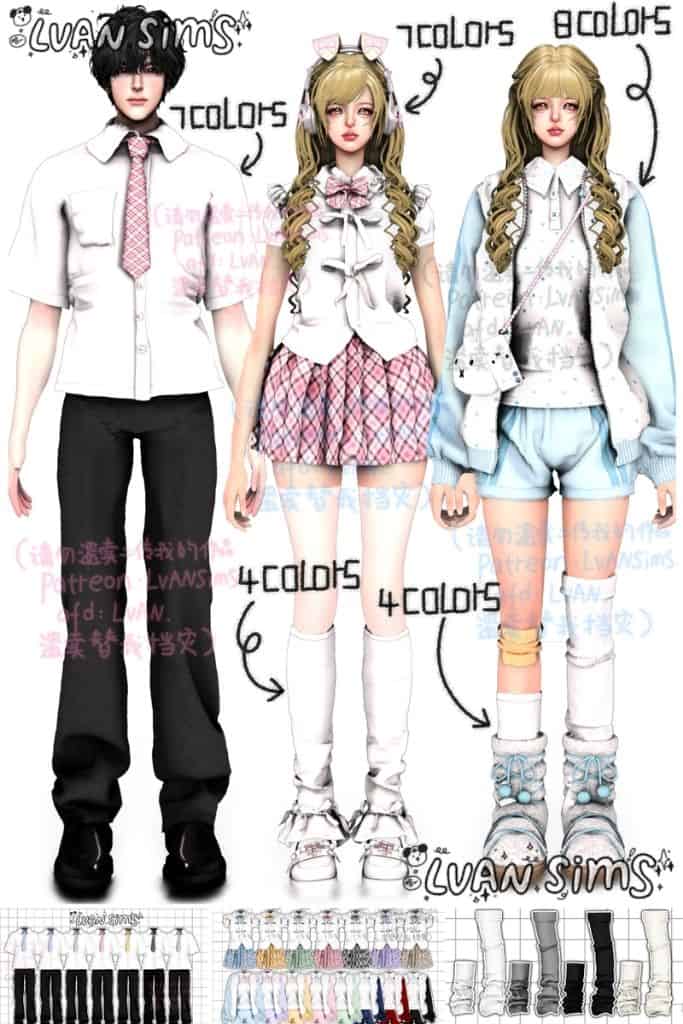 Male and female Sims wearing college-inspired outfits, a pastel polka dot two-piece set, and layered leg warmers