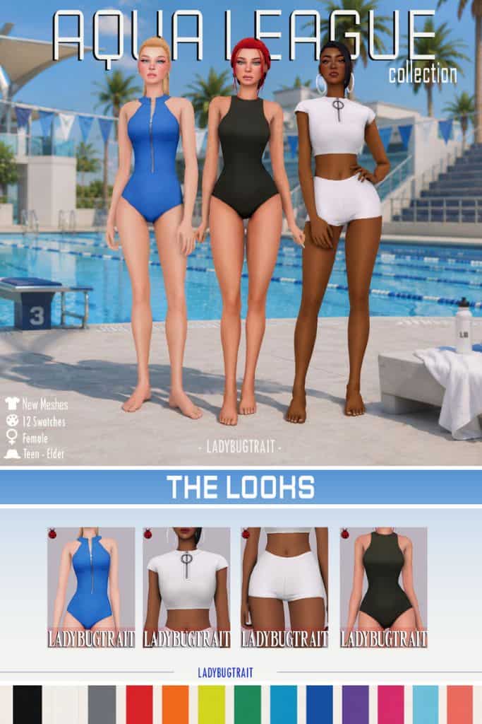 three female Sims wearing one-piece swimsuits, swim top and bottoms