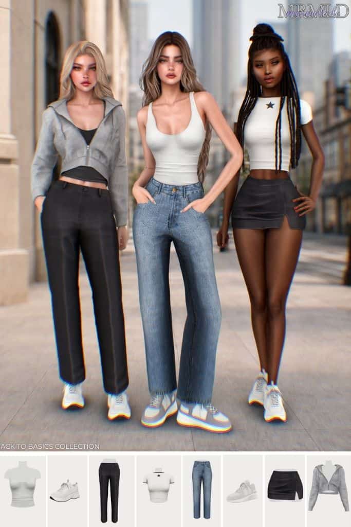 three female Sims wearing casual, everyday streetwear
