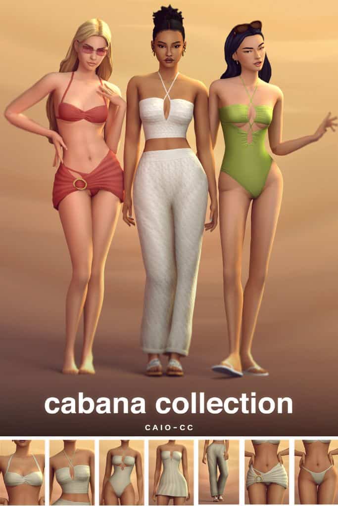 three female Sims dressed for vacation and poolside fun