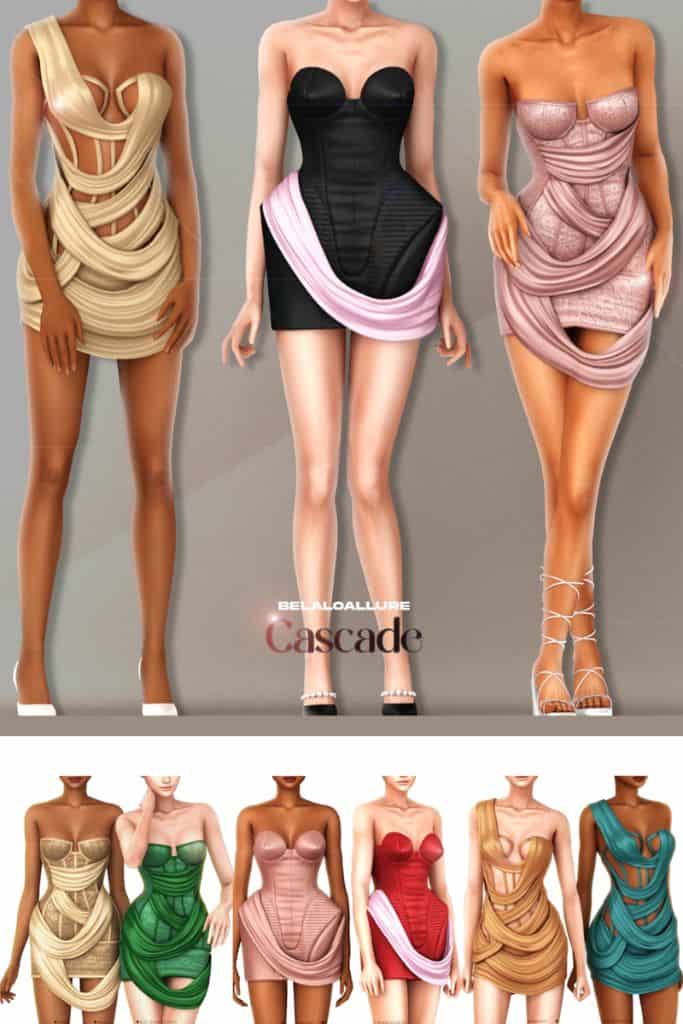 Female Sims modeling modern, mini dresses