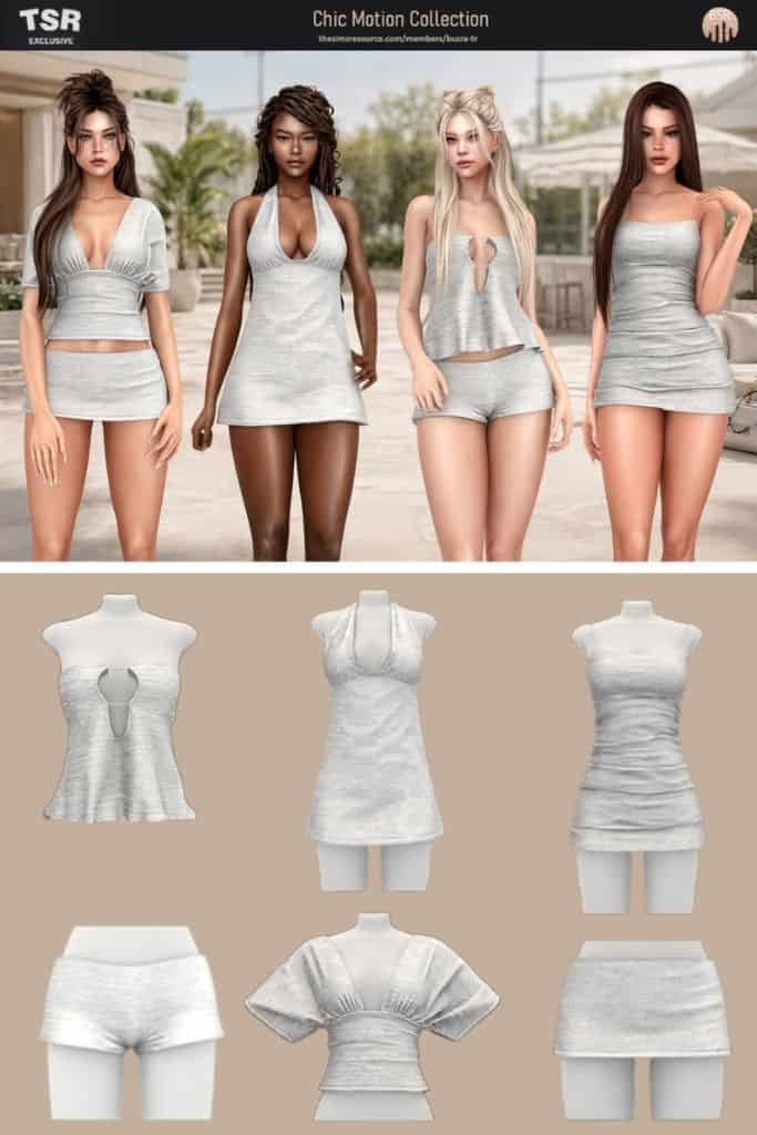 four female Sims wearing casual, grey color outfits