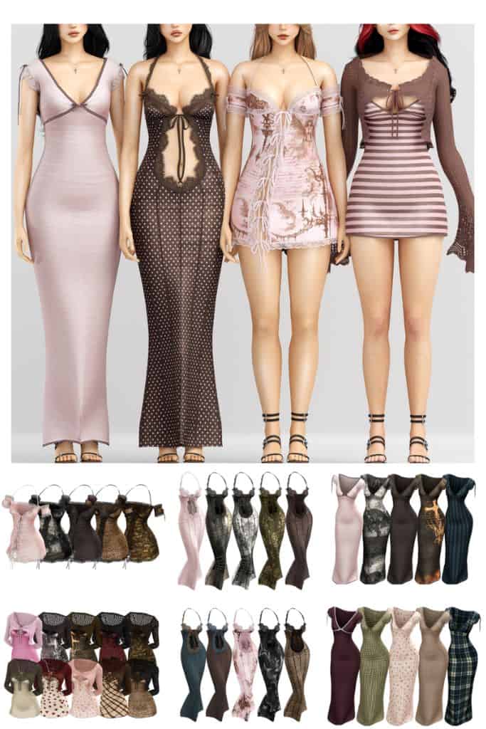 four female Sim wearing dresses with lace details