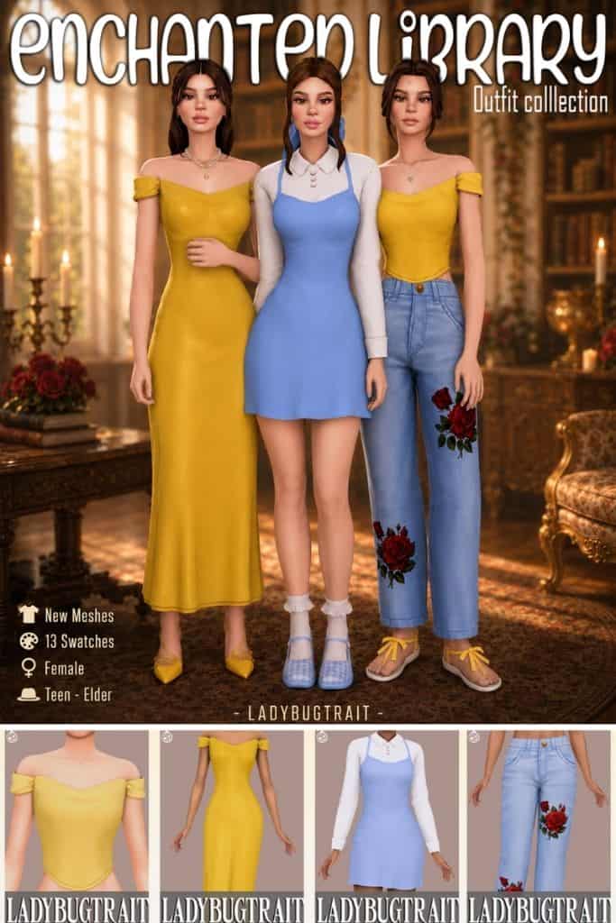 three female Sims wearing outfits inspired by Belle