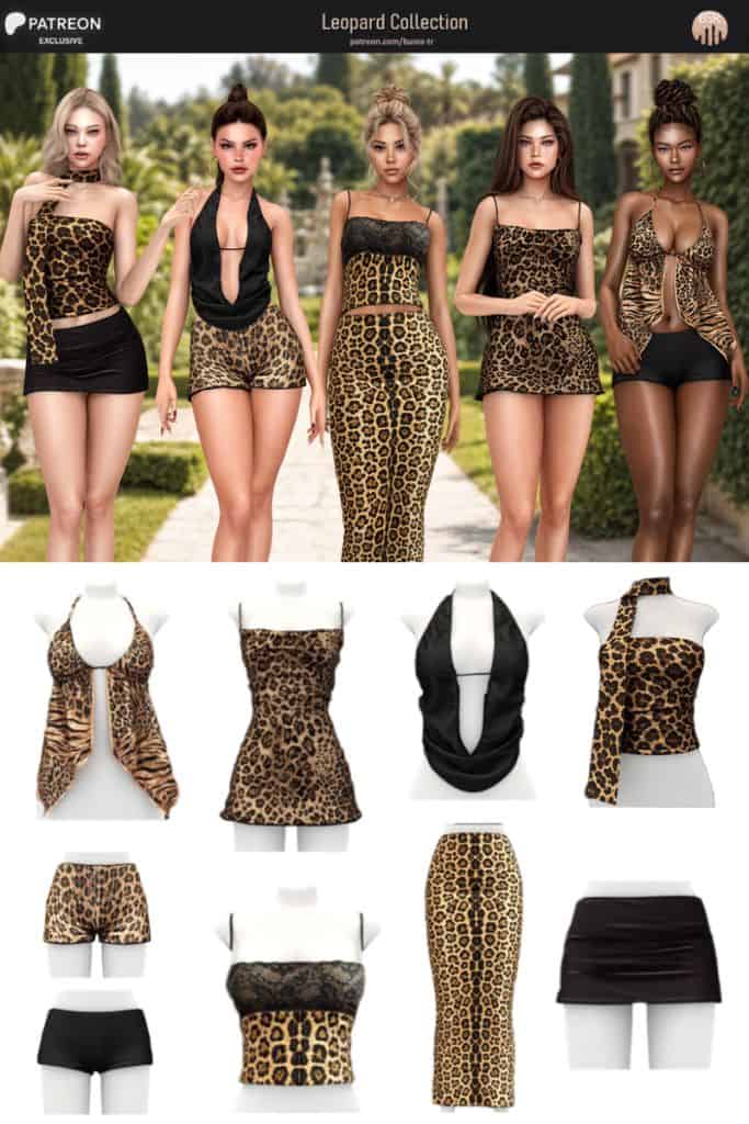 five female Sims wearing outfits with leopard print