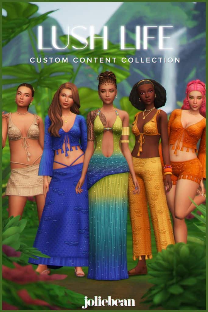 five female Sims dressed in colorful vacation outfits