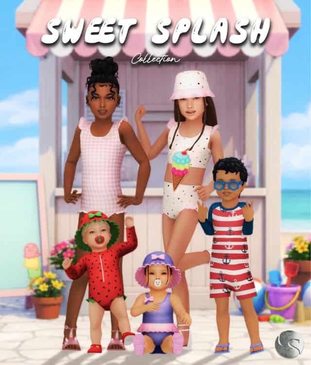 Sim infants, toddlers and kids dressed for the pool