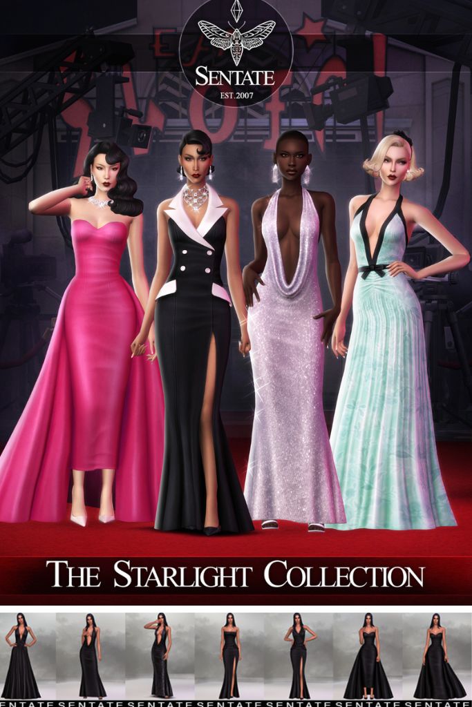 four female Sims wearing different styles of gowns