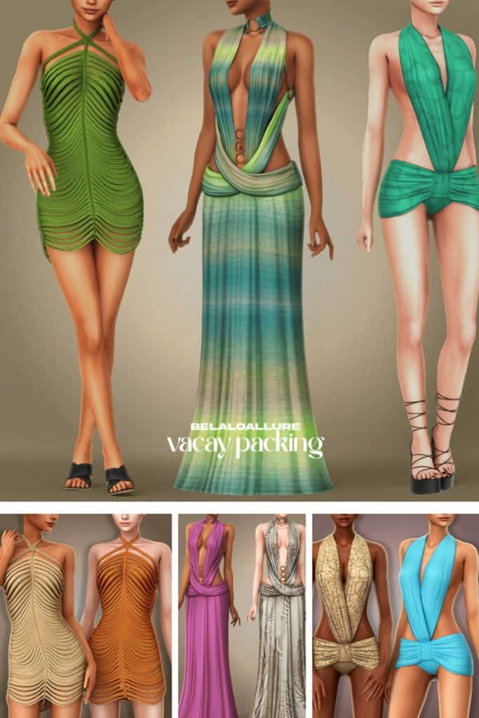 female Sims dressed in vacation-ready dresses and a swimsuit