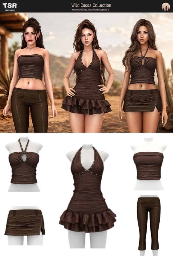 three female Sims wearing cocoa-colored summer outfits