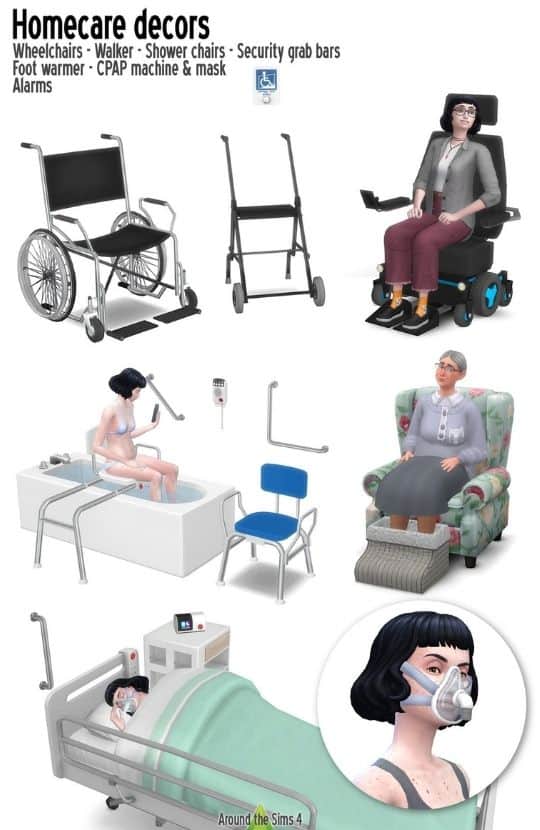 unwell Sims sitting in wheelchairs and laying in hospital beds