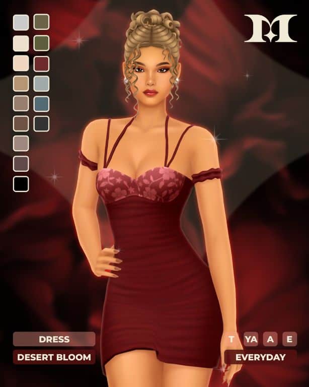female Sim wearing a burgundy mini dress with off-shoulder straps