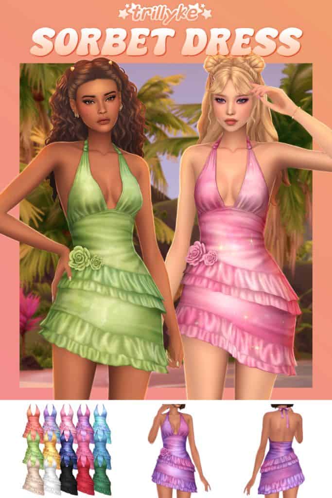 female Sims wearing halter asymmetrical dresses with flower and ruffle details