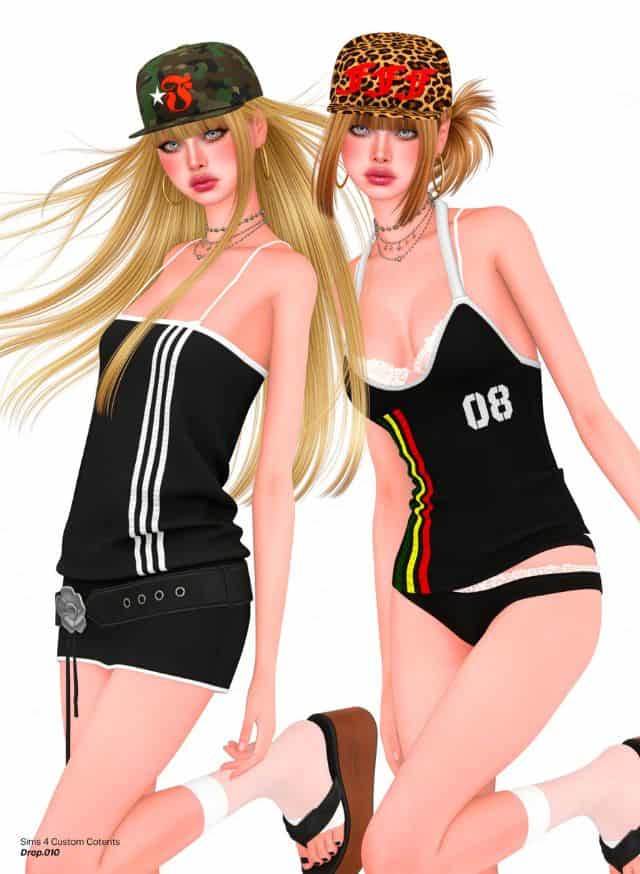 female Sims wearing track mini dress, halter set and ball caps