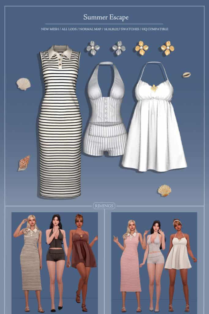 female Sims wearing playful dresses and two-piece outfit