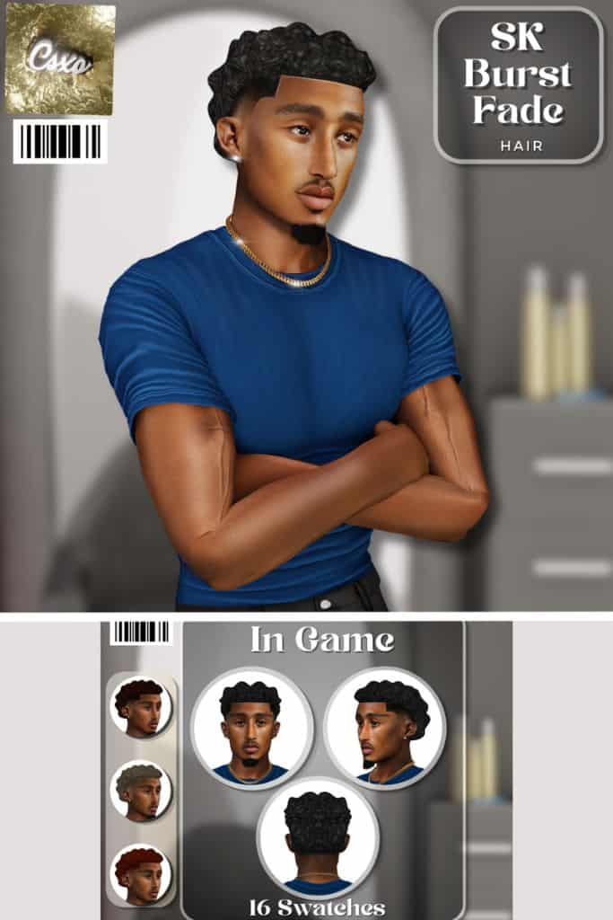 black male Sim with a short curly texture hairstyle with a burst fade on the sides