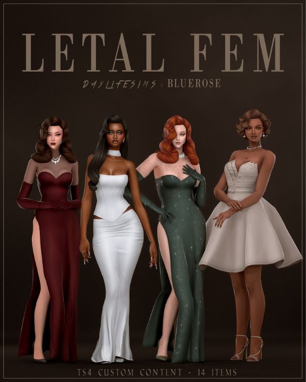four female Sims wearing chic dresses and elegant hairstyles