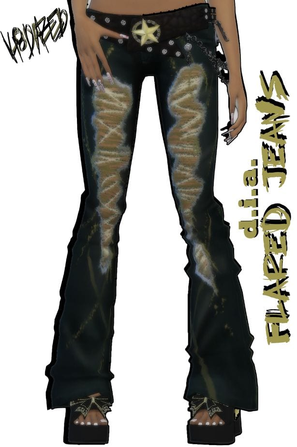 close up of low rise belted, distressed and flared jeans