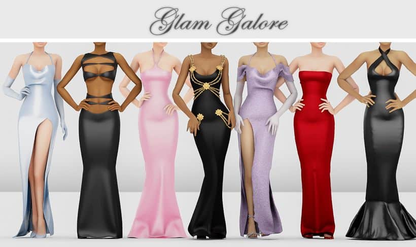 close up of seven female Sims wearing different form-fitting gowns