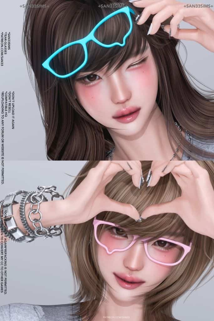 female Sims wearing glasses with a tear-drop shape within the frame