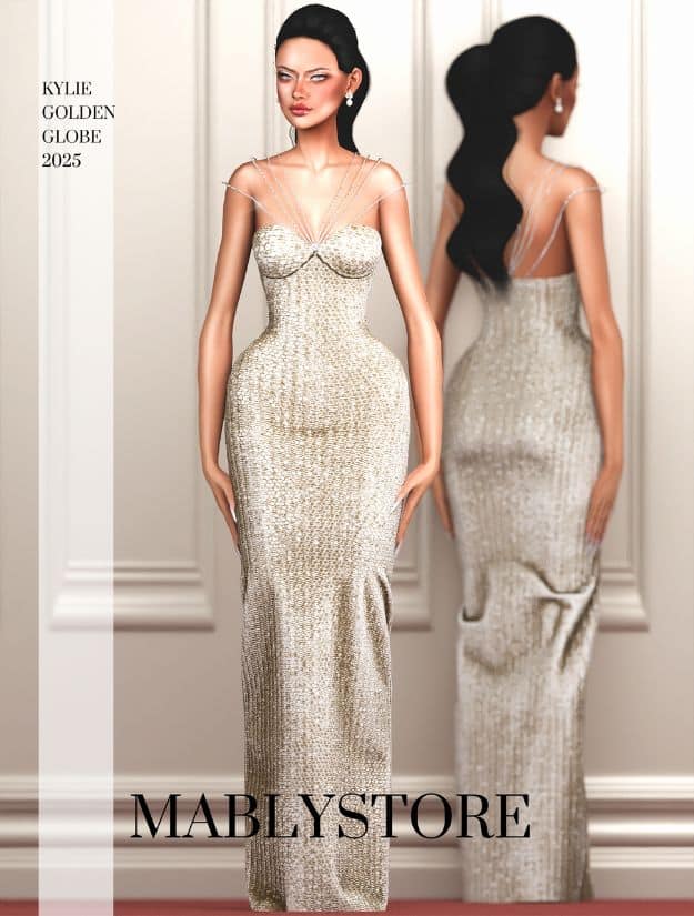 female Sim wearing a structured, silver gown