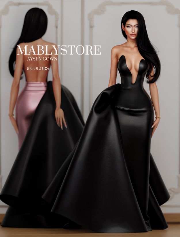Female Sim wearing a fitted gown with a voluminous train