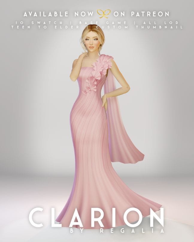 female Sim wearing a pink gown with flower details on one shoulder and a hanging scarf
