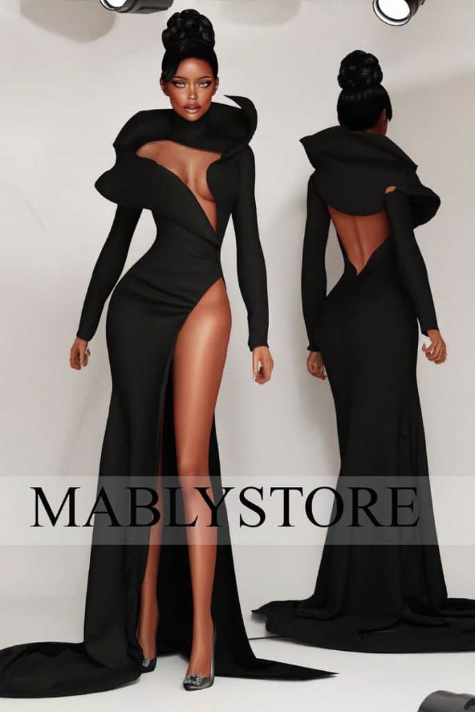 black female Sim wearing a modern gown with a waist high slit up the front