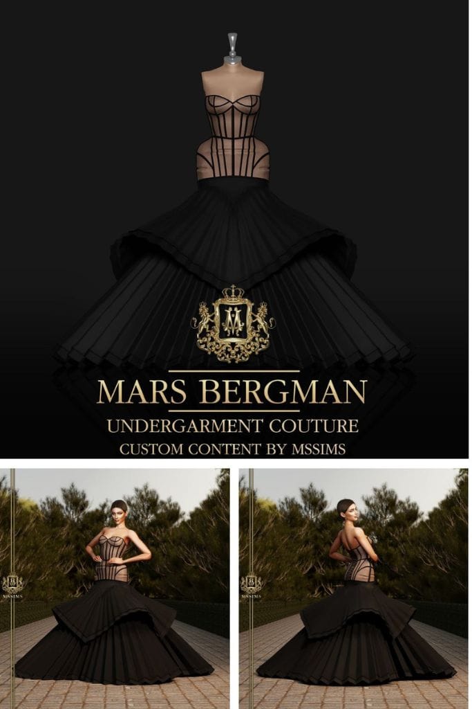 a strapless gown with a skin-tone upper half with black boning and voluminous layered skirt